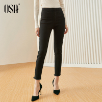 欧莎黑色毛边牛仔裤女修身显瘦小脚长裤2019新款秋紧身百搭裤子ol