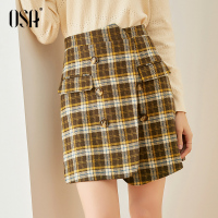 欧莎不规则格子半身裙a字裙高腰短裙女开叉2019新款秋冬工装裙子