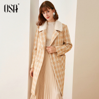 欧莎格子仿水貂绒毛呢外套女中长款2019新款秋冬加厚双面呢子大衣