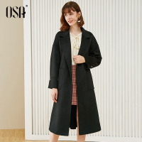 黑色西装领毛呢外套女中长款过膝2019新款秋冬赫本风双面呢子大衣