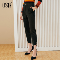 欧莎黑色毛呢裤子女秋冬季加厚2019新款宽松烟管裤休闲九分裤