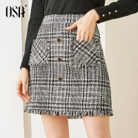 欧莎千鸟格子半身裙秋冬女加厚小香风短裙2019新款粗花呢裙子