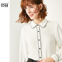 欧莎白色衬衫上衣设计感小众春装2020款女士长袖撞色衬衣百搭通勤