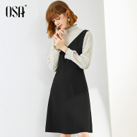 欧莎黑色假两件连衣裙收腰显瘦2020年新款女装春季赫本风小黑裙子