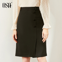OSA欧莎开叉黑色半身裙a字裙女中长款2020年新款春装高腰小黑裙子