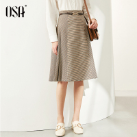 欧莎复古千鸟格半身裙秋冬女中长款2020新款春季a字百褶裙子