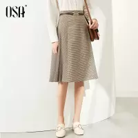 欧莎复古千鸟格半身裙秋冬女中长款2020新款春季a字百褶裙子