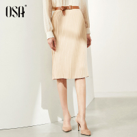 欧莎黑色褶皱针织半身裙女秋冬中长款过膝2020新款春a字裙子