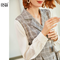 osa假两件拼接格子连衣裙女收腰显瘦2020年新款春气质中长款裙子