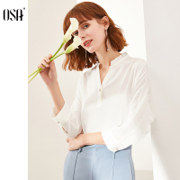 osa荷叶边雪纺衫女士时尚小衫长袖2020年春季新款v领白色上衣仙气