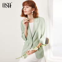 欧莎绿色女士短外套慵懒风2020年春季新款小西服七分袖休闲上衣ol