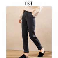 OSA欧莎灰色休闲裤女宽松韩版2019新款秋冬直筒加厚长裤加绒裤子