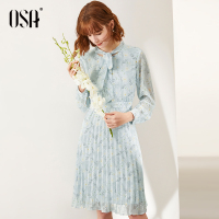 欧莎法式雪纺碎花连衣裙收腰显瘦a字裙春装2020款女流行百褶裙子