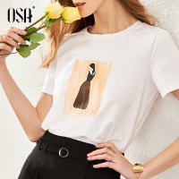 欧莎时尚人物背景白色短袖棉T恤女夏季2020新款百搭圆领打底上衣