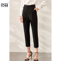 OSA黑色高腰锥形裤女时尚百搭休闲九分小脚裤子显瘦夏季