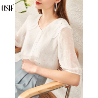 OSA白色v领雪纺衫女2020夏季新款洋气亮片小衫时尚百搭娃娃领上衣