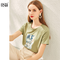 欧莎时尚百搭圆领印花短袖T恤女2020年新款夏季牛油果绿上衣女潮