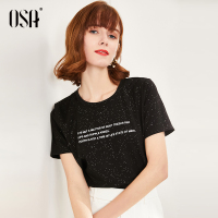 osa欧莎黑色字母亮片短袖T恤女夏季2020新款时尚百搭休闲圆领上衣
