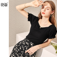 OSA黑色莫代尔短袖T恤女夏季2020新款时尚百搭v领打底衫内搭上衣