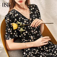 OSA黑色雪纺碎花连衣裙女夏季2020年新款中长款小雏菊v领印花裙子