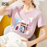 OSA紫色印花短袖T恤女装夏季2020年新款时尚打底内搭体恤上衣薄款