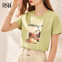 OSA牛油果绿色短袖T恤女夏季2020年新款时尚宽松圆领印花体恤上衣