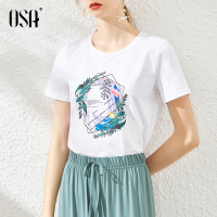 OSA欧莎白色字母短袖T恤女夏季2020年新款时尚圆领体恤上衣棉气质