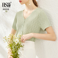 OSA冰丝镂空开衫针织女薄款夏天修身短袖v领打底上衣2020流行时尚
