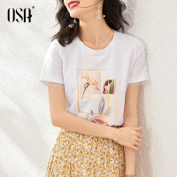OSA白色印花短袖T恤女2020年新款夏季时尚百搭修身棉体恤上衣薄款