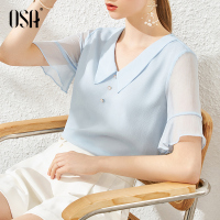 OSA洋气v领雪纺衫女遮肚子短袖上衣夏季2020新款流行气质时尚小衫