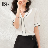 OSA白色短袖雪纺衫女夏季2020年新款遮肚子小衫洋气OL职业装上衣