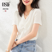 OSA白色v领雪纺衫女2020年夏季新款欧洲站洋气遮肚子小衫短袖上衣