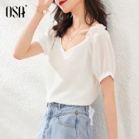 OSA白色短袖雪纺衫女2020年夏季新款洋气时尚遮肚小衫v领格子上衣