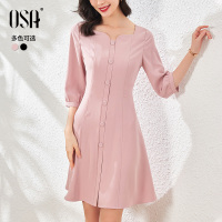 OSA方领法式连衣裙女中长款职业装气质女神范2020新款秋收腰裙子