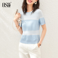 OSA短袖撞色冰丝针织衫女夏季薄款2020年新款欧洲站时尚套头上衣