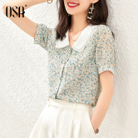 OSA职业娃娃领印花雪纺衬衫女夏季薄款2020新款碎花上衣秋装衬衣