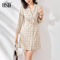 OSA气质OL职业连衣裙女早秋装2020年新款双排扣格子西装裙子复古