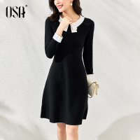 OSA赫本风小黑裙收腰显瘦针织连衣裙女秋装2020年新款毛衣裙子冬