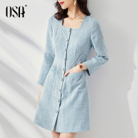 OSA显瘦气质长袖方领连衣裙早秋装女2020年新款名媛小香风a字裙子