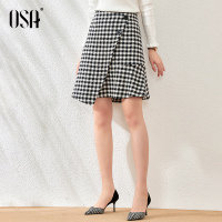 OSA高腰毛呢短裙不规则格子半身裙女冬季2020年新款时尚a字裙子