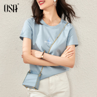 OSA欧洲站欧货蓝色短袖T恤女2021年新款夏季时尚百搭短款纯棉上衣