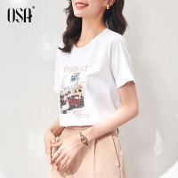 OSA白色短袖T恤女夏季2021年新款百搭设计感小众短款印花体恤上衣