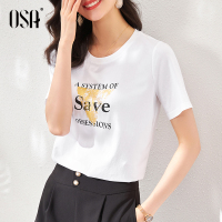 OSA白色薄款短袖T恤女夏季2021年新款修身衣服时尚印花体恤上衣潮