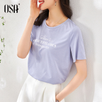 OSA紫色短袖T恤女夏季2021年新款时尚百搭休闲印花体恤正肩上衣潮