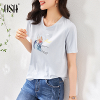 OSA蓝色锁骨短袖T恤女夏季2021年新款百搭休闲印花体恤圆领上衣潮