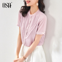 OSA夏季2021年新款粉色短袖雪纺衬衫女竖条纹立领衬衣上衣薄款