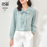 OSA春装2021年新款薄荷绿长袖衬衫女蝴蝶结系带衬衣雪纺上衣夏季