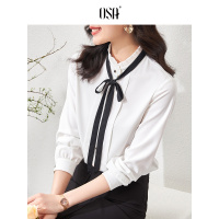 OSA白色蝴蝶结雪纺衬衫女长袖气质职业衬衣春季2021新款法式上衣