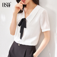 OSA白色雪纺衬衫女设计感小众法式衬衣夏季2021年新款娃娃领上衣