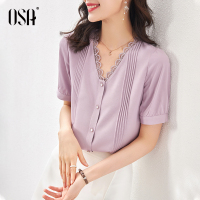 OSA紫色短袖衬衫女夏季2021年新款设计感小众衬衣别致v领上衣显瘦